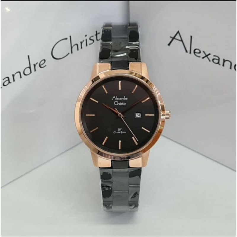 ORIGINAL JAM TANGAN WANITA ALEXANDRE CHRISTIE CEWEK BLACK ROSEGOLD RANTAI ALEXANDER CRISTIE AC 8645
