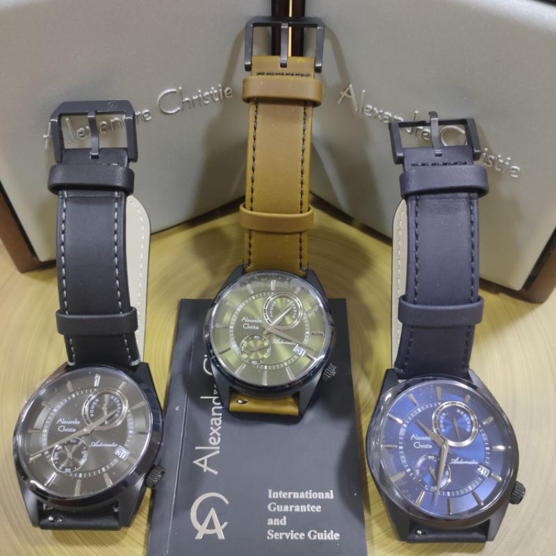 Jam Alexandre Christie AC 3041 MA LIP Hitam Pria Kulit Hijau Bulat