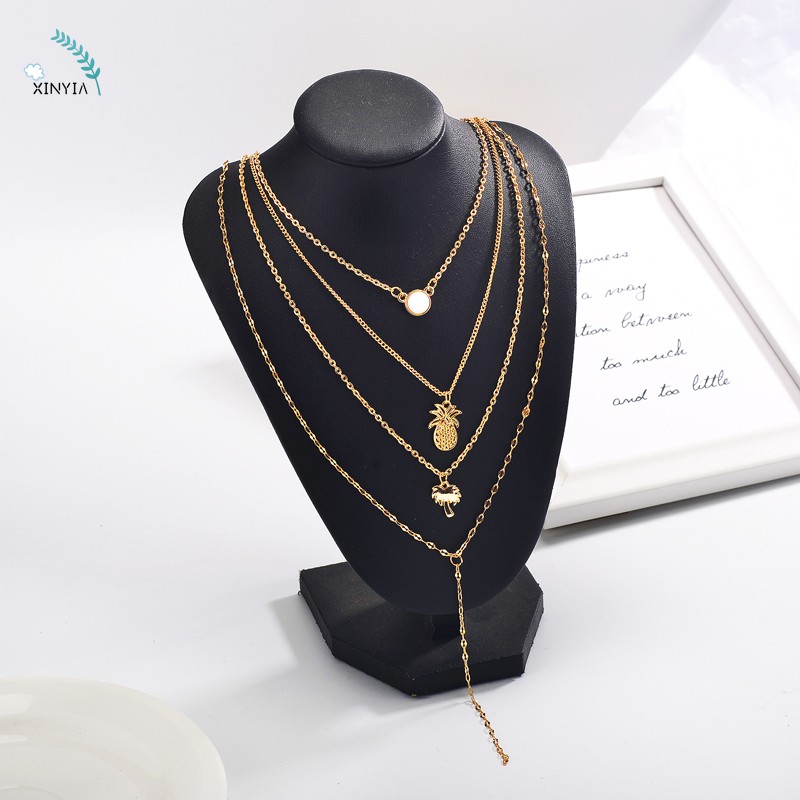 Ins Angin Kalung Empat Lapis Kalung Nanas Pohon Kelapa Rantai Klavikula Necklace