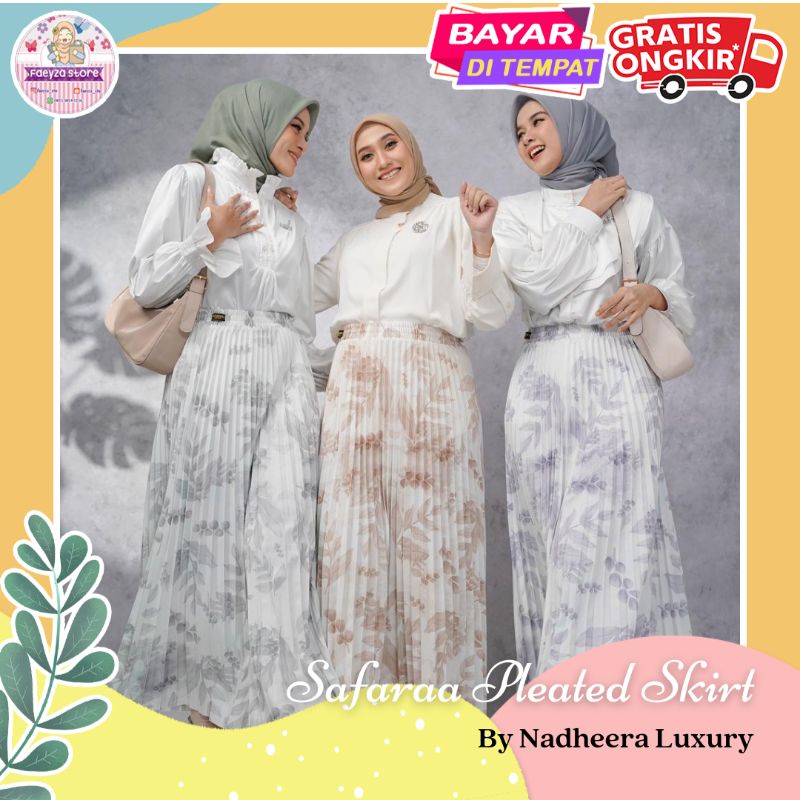 Safaraa Pleated Skirt ORI by Nadheera Luxury Rok Plisket Motif Printing Signature Leaf Zara Crepe Pr
