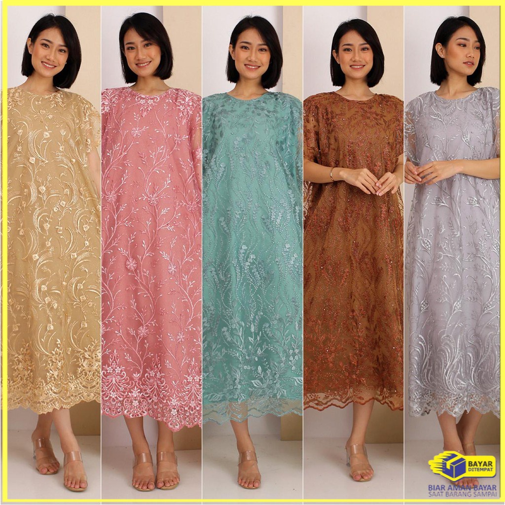 GAUN LONG DRESS DRES BROKAT BRUKAT WANITA DEWASA BIG SIZE JUMBO XXL TILLE BORDIR MUTIARA MEWAH NATAL