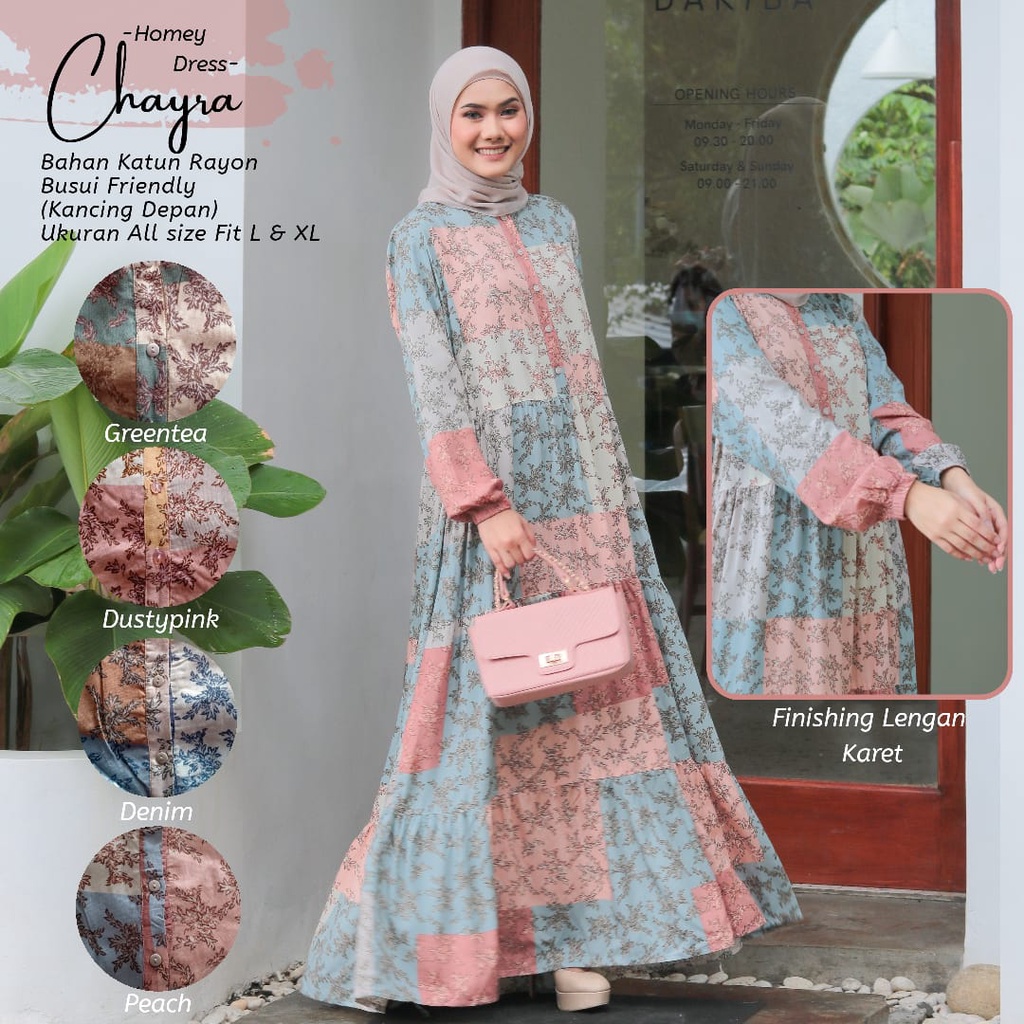 Gamis Dewasa Motif Daun - Homey Dress Chayra Jumbo Ukuran XL LD 120 - Bahan Katun Rayon Premium - Gamis Dewasa Jumbo