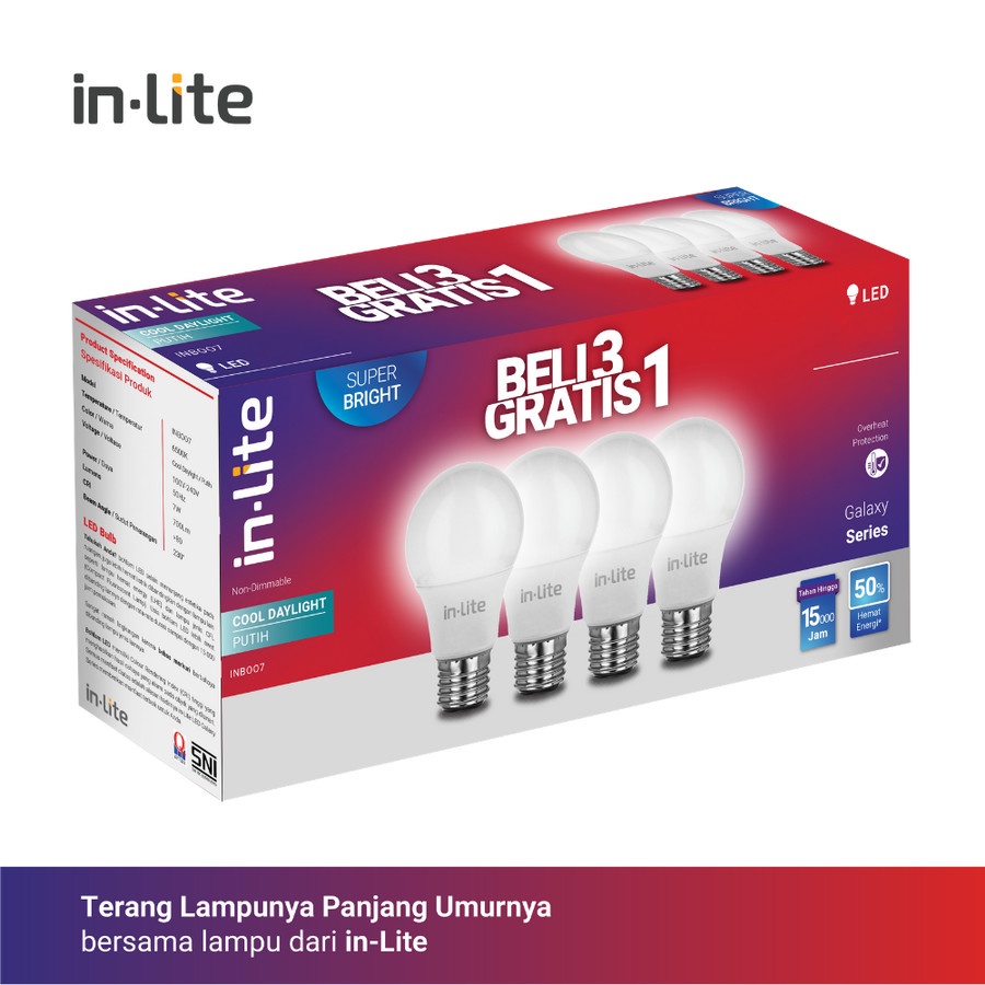 Lampu Led Inlite 15 Watt Beli 3 Gratis 1 Bergaransi - Putih