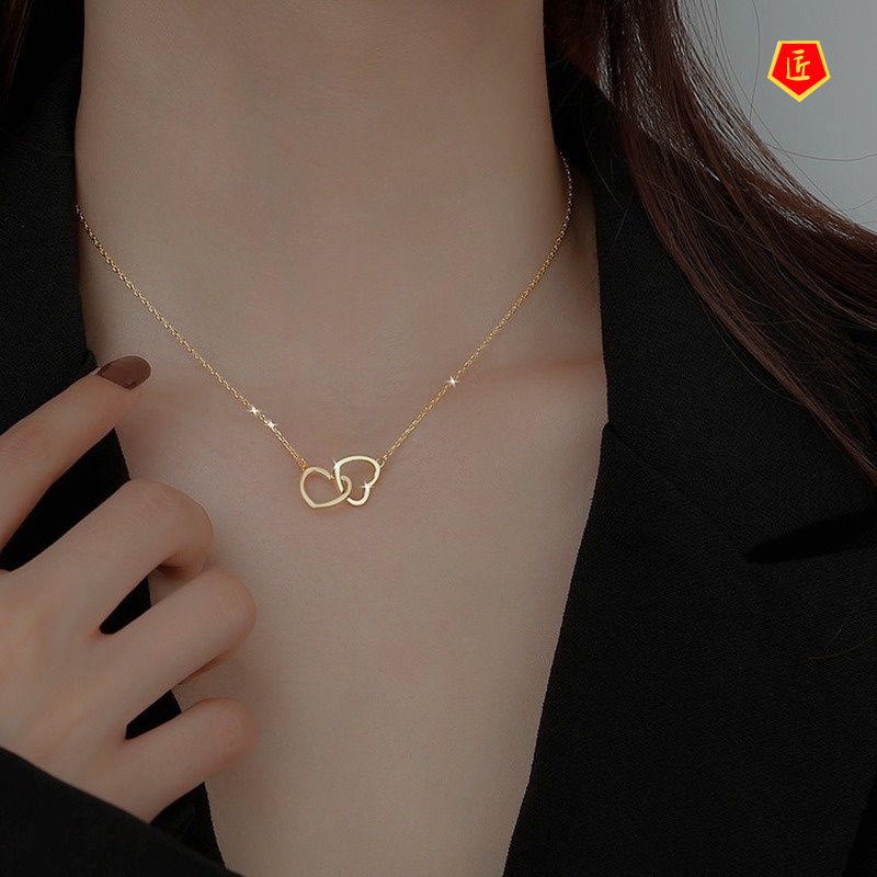 [Ready Stock]Double Ring Heart-Shaped Necklace Women's Simple Temperamental Minority Design Sense