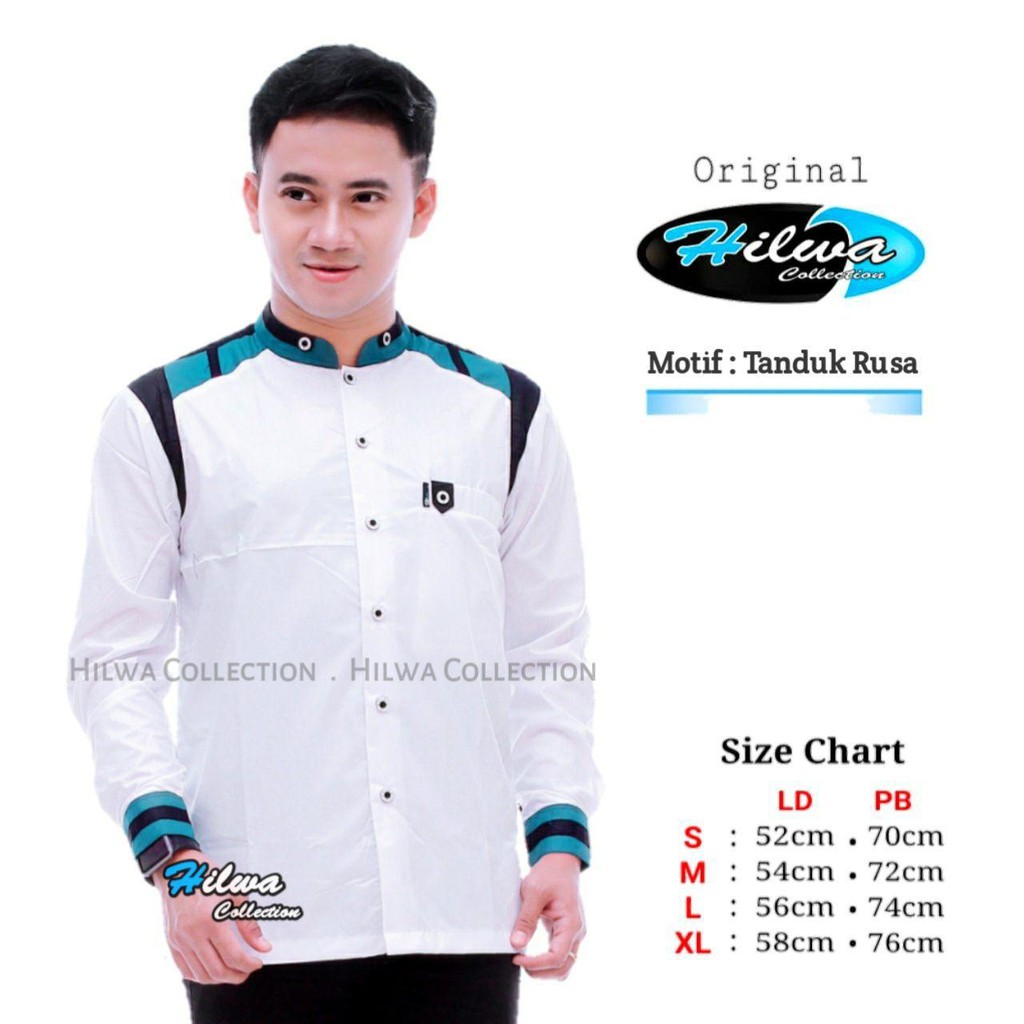 Baju muslim koko motif tanduk rusa warna Biru Bahan premium original Hilwa Collection