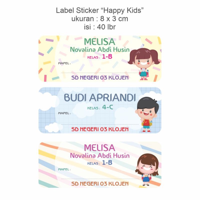 

PO Sticker Label Nama Anak Mapel Sekolah "Happy Kids" ukuran 8x3 cm (isi 40 lbr)