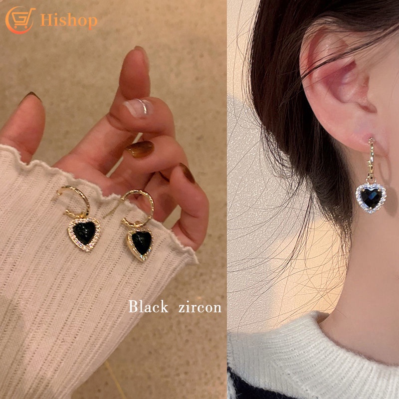 Set Kalung Rantai + Anting Bulat Aksen Zircon Hitam Untuk Perhiasan Wanita