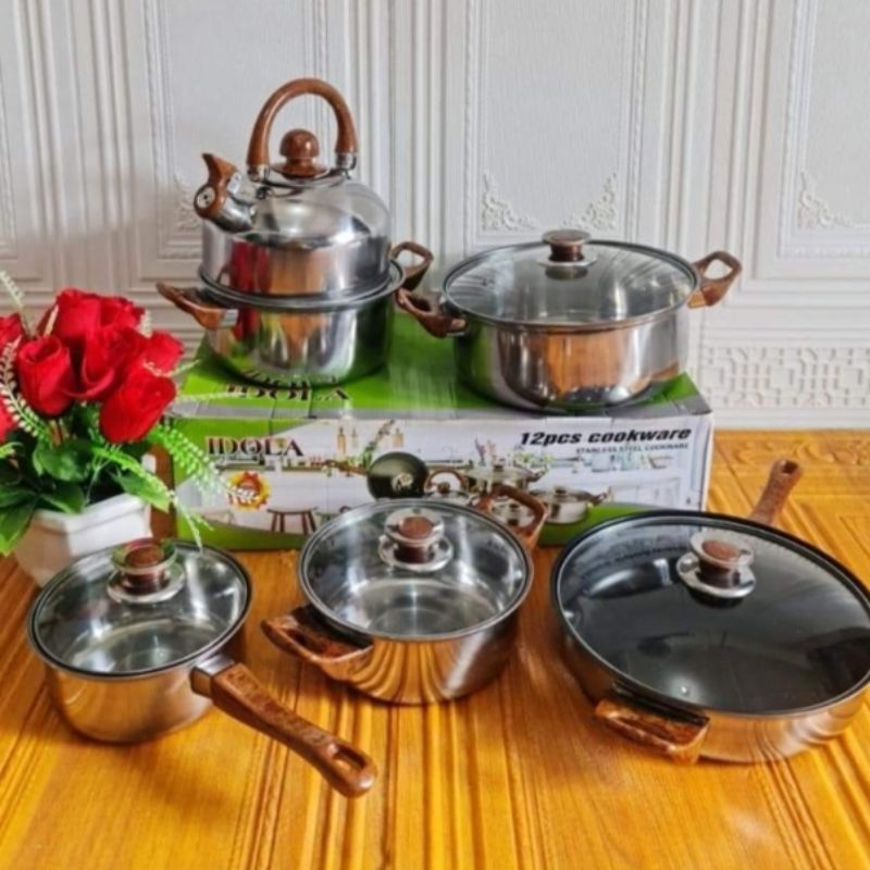 PANCI COOKWARE SET 12 PCS / PANCI SET SERBAGUNA / PANCI STAINLESS STEEL COOKWARE IDOLA GAGANG KAYU