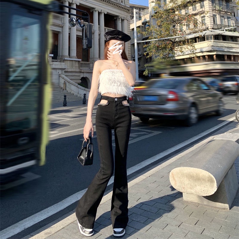 Versi Korea dari Eropa dan Amerika Fashion Micro-La High Waist Denim Lebar Kaki Celana Slim Lurus Hot Girl Style Sexy White Horseshoe Pants