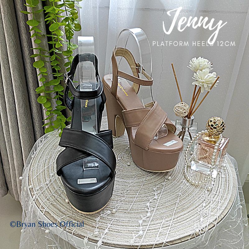 Bryan Jenny Dove Platform Heels Silang 12cm Hak Tahu Kelom Berkualitas Mocca Hitam Sol Tebal