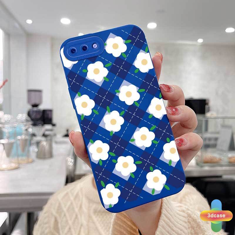 Casing OPPO A15 A54 A5S A3S A16 A95 A7 A5 A9 A31 A53 2020 A12 A1K A16K A54S Reno 4 5F 4F A74 A15S A52 A11K A92 A35 A11 A93 A32 A72 A94 A53S F17 PRO A16S A12S Klein Blue Plaid White Flower Anti-fall Case