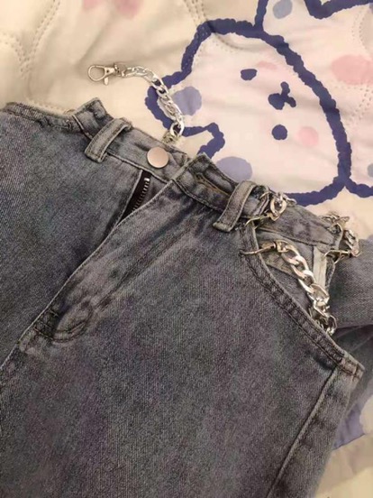 Wanita Rantai Jeans Tipis Seksi Kaki Lebar Pinggang Tinggi Celana Longgar Pelangsing Lurus Celana