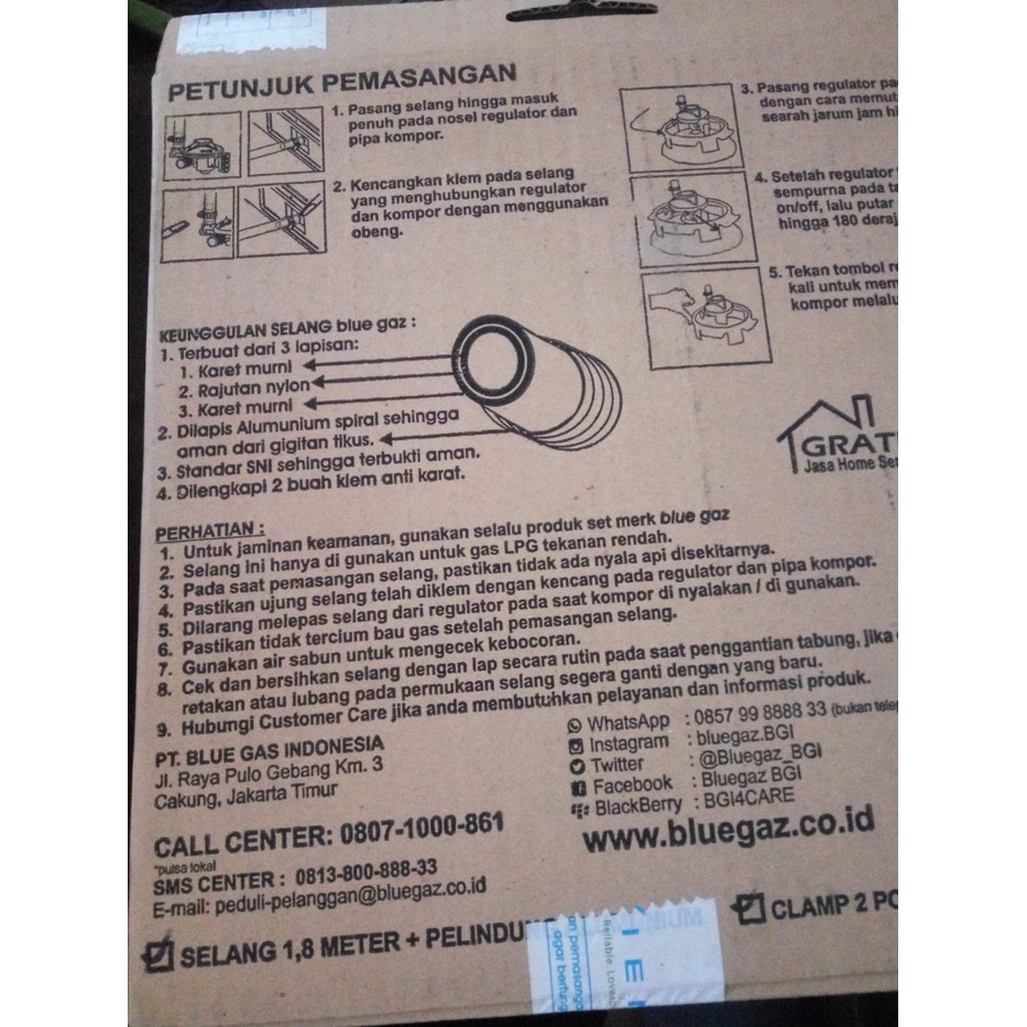 Selang Gas LPG Blue Gaz SNI 1,8m Pelindung Alumunium Spiral