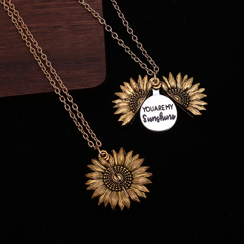 【Ready Stock】Vintage Women Gold Silver Rose Gold Pendant Lover Couple Necklaces You Are My Sunshine Open Locket Sunflower Long Necklace