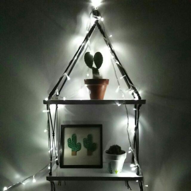 Rak Dinding Gantung Pot Tanaman 2 Susun Putih Tali Hitam Minimalis