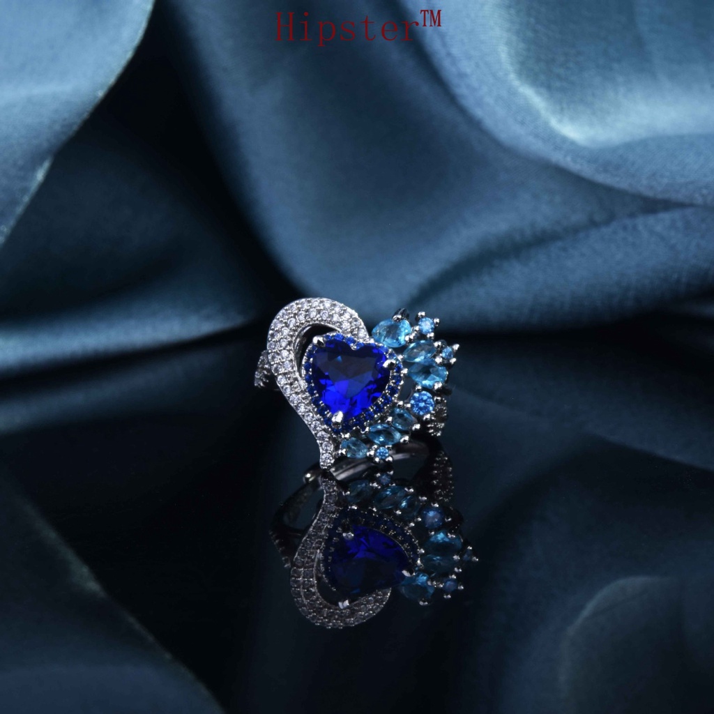 High-End Temperament Natural Dark Blue Gemstone Love Heart-Shaped Full Diamond Ring