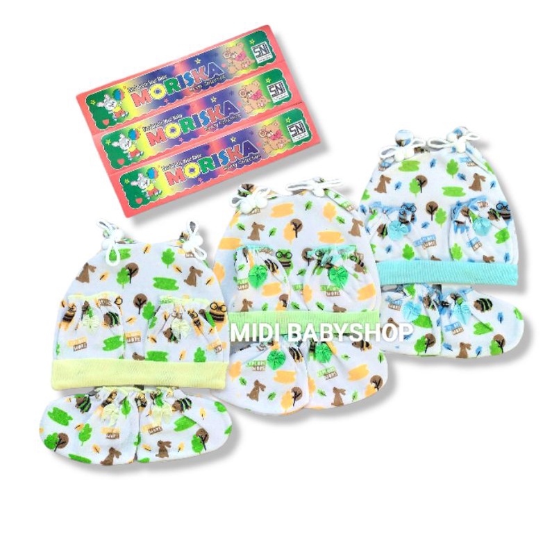 1 Set Topi dan Sarung Tangan Kaki Bayi Motif Lucu Moriska Baby SNI