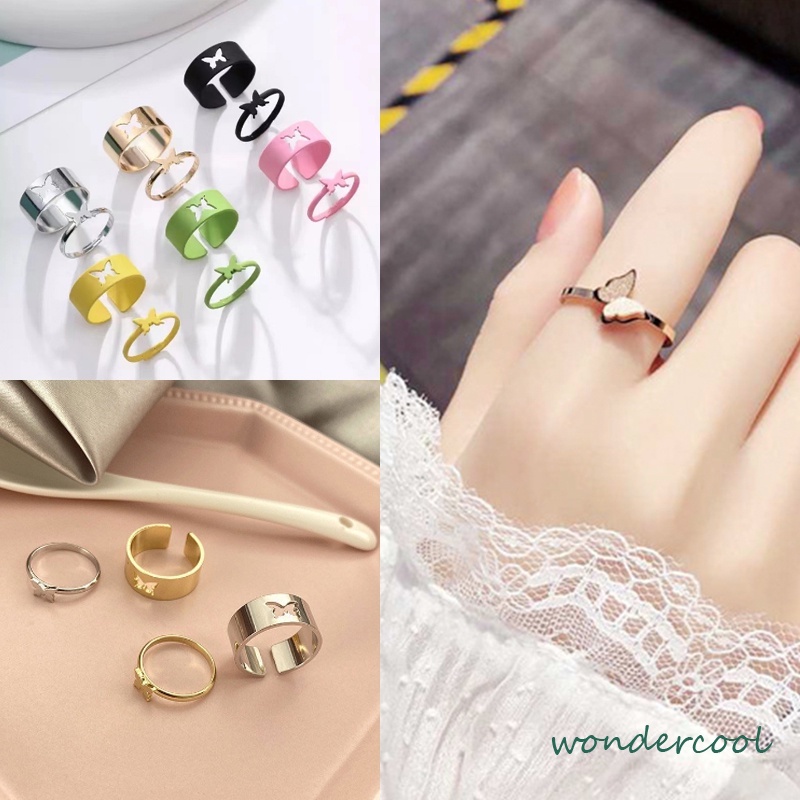 2pcs / Set Cincin Desain Kupu-Kupu Hollow Gaya Retro Untuk Pasangan-Won