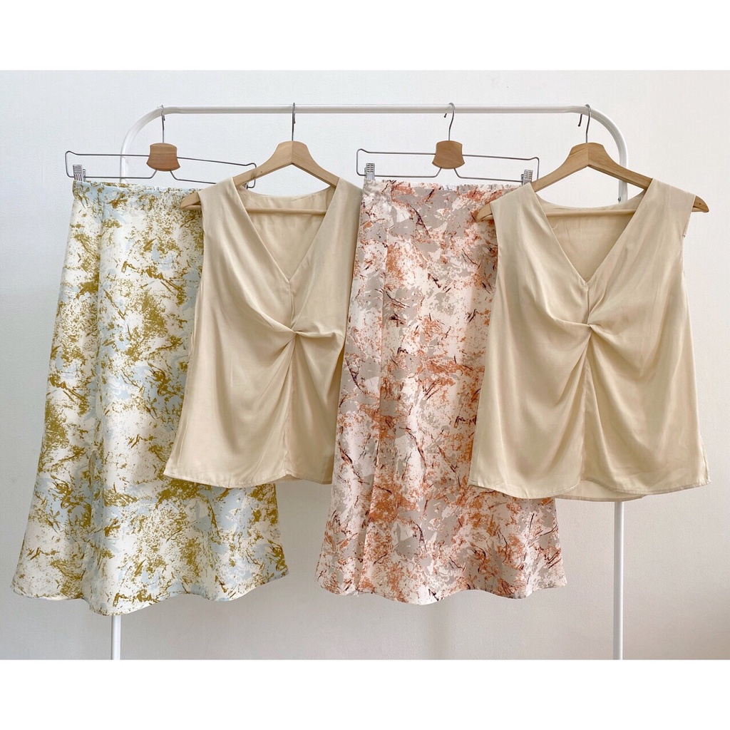 [FG] Soft Tone Silk Top & Marble Skirt Set SET6340-8