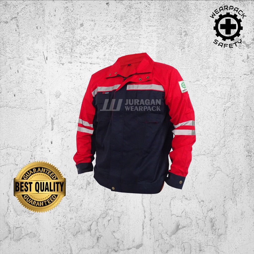 Wearpack Safety Semi Jaket / Wearpack Kerja Warna Merah Kombinasi Biru Navy