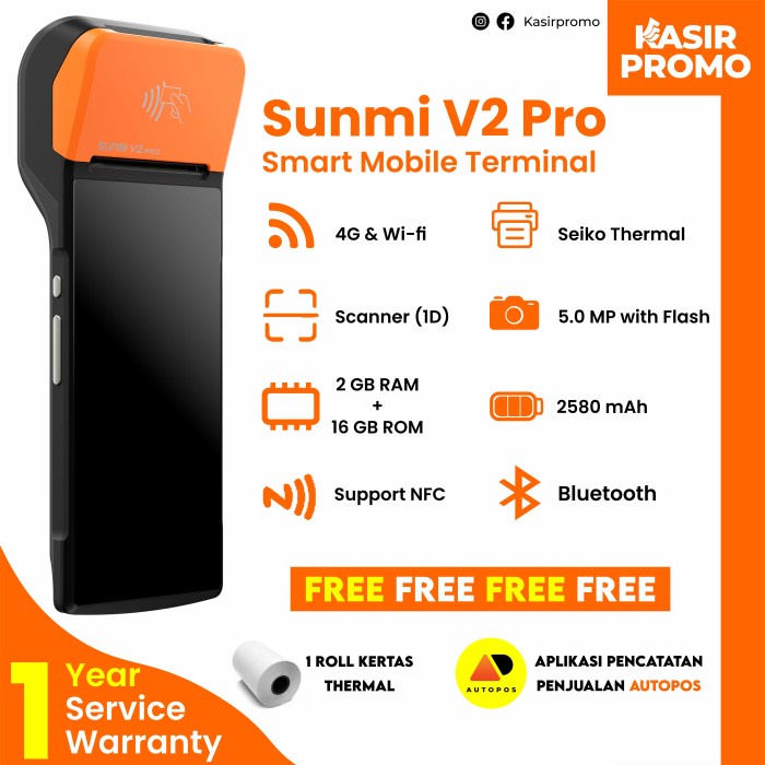 SUNMI V2 PRO 4G MESIN KASIR NFC 2/16GB POS THERMAL PRINTER BARCODESCAN