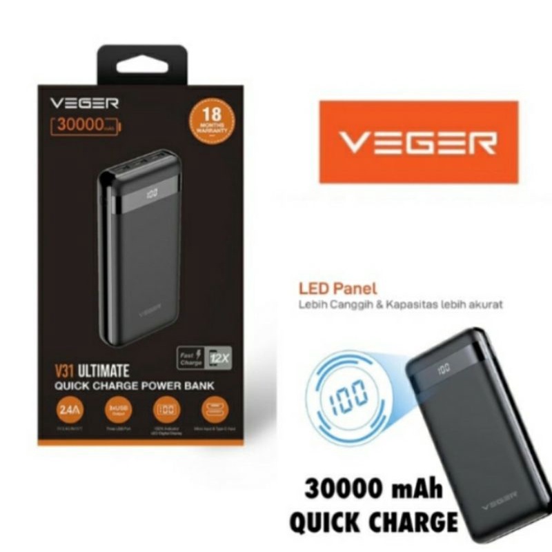 Powerbank 30000 mAh Quick Charge Indicator Led Digital Display VEGER V31