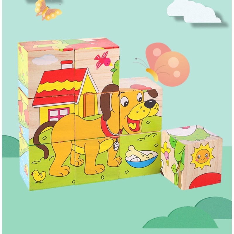 PUZZLE BALOK KAYU KUBUS SUSUN 6 GAMBAR / WOODEN CARTOON BLOCK / PUZZLE EDUKASI