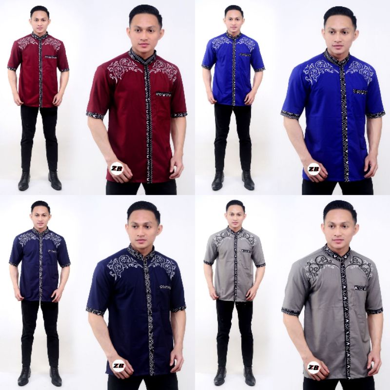 Kemeja Batik Pria Katun Polos Kombinasi Bordir Bahu / Baju Batik Pria Murah Lengan Pendek
