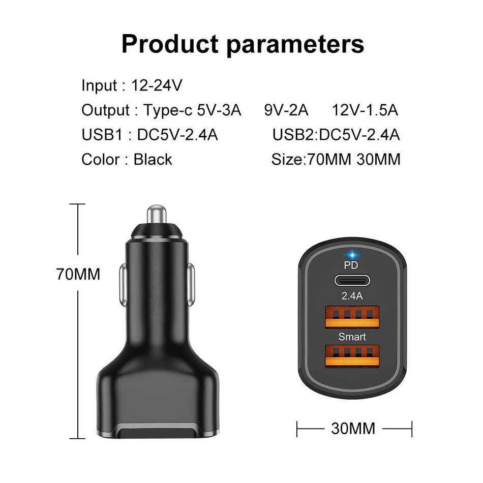 Charger Mobil PD + 2.4A Dual USB 30W PD