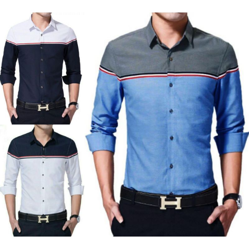 KEMEJA MOTIF KOMBINASI KEKINIAN BAJU LAKI LAKI WARNA PUTIH BIRU MUDA ROYAL DONGKER NAVY BUSANA HARAP