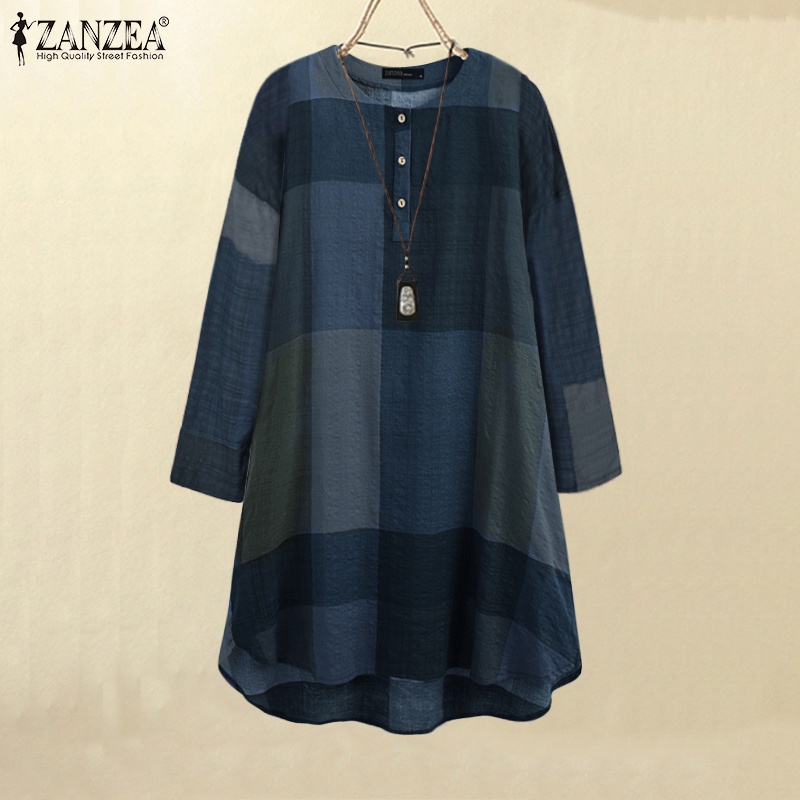 ZANZEA Women Long Sleeve O-Neck Buttons Front Plaid Printing Loose Midi Dress