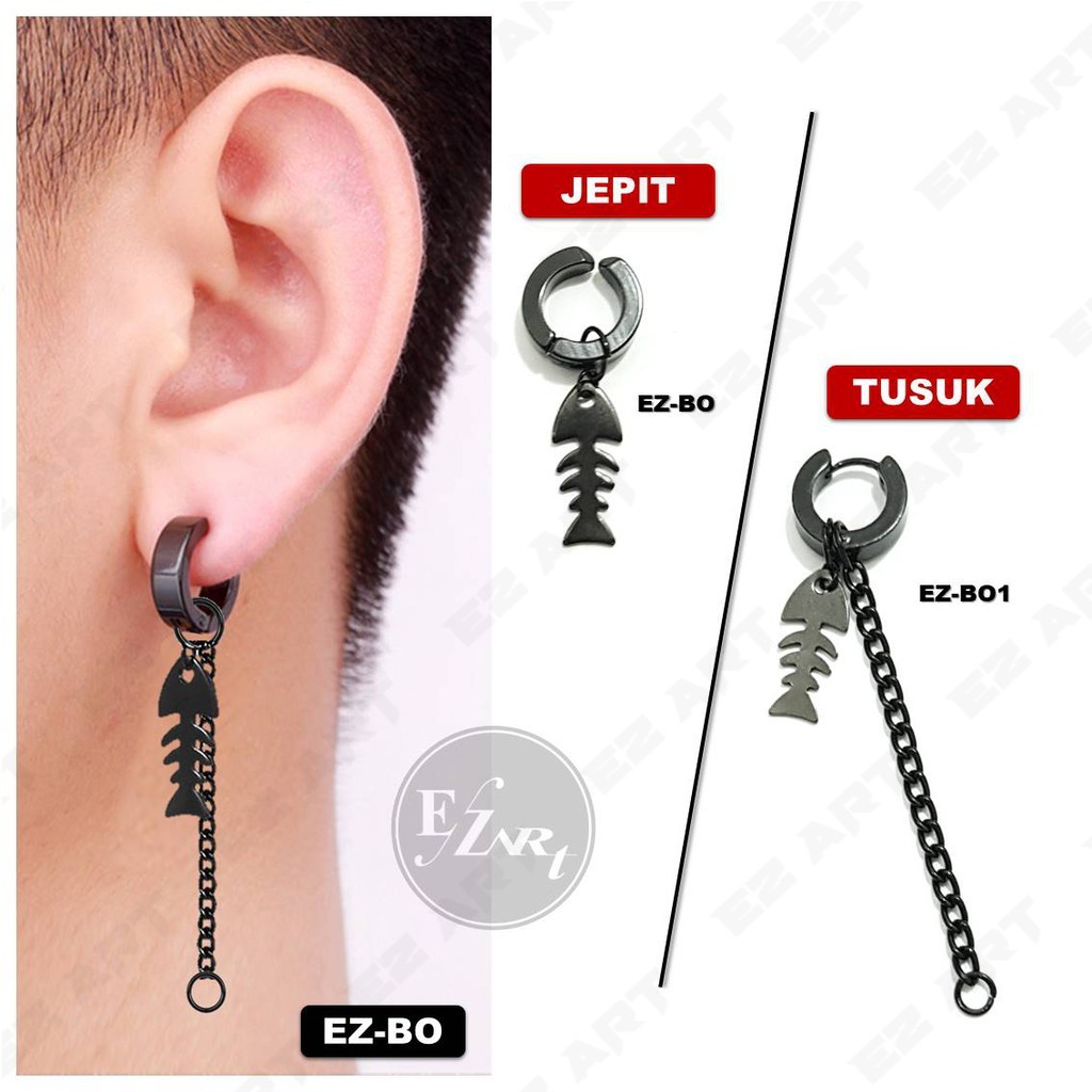 1Pc EZ-BO ANTING TULANG IKAN HITAM BLACK FISH BONE STAINLESS STEEL JEPIT TUSUK PRIA WANITA KPOP PUNK