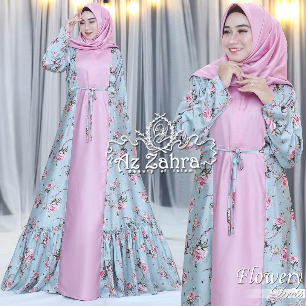 FLOWERY by Azzahra Gamis Syari Bahan Premium Motif Bunga Cantik Mix Polos Busui ORI BRAND MURAH
