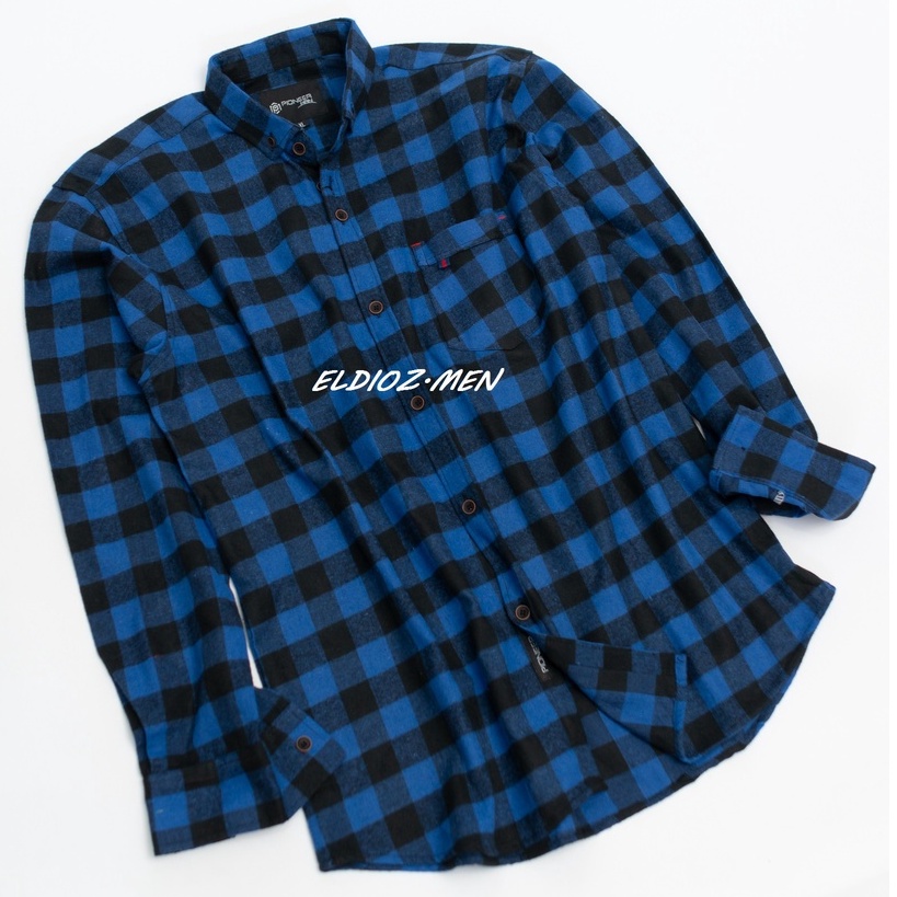 Kemeja Flanel Pria Slim Fit Lengan Panjang Hem Pria Kotak Hitam Biru