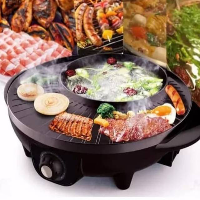 GRILL PAN LISTRIK BULAT JUMBO BBQ HOTPOT KOREA JEPANG STEAMBOAT TEPPANYAKI ANTI LENGKET HOT POT BBQ 2 IN 1 BAKAR BAKSO Sate Sosis Rebus Goreng Bakar Panci Listrik Barbeque Steamboat Teppanyaki Panggangan