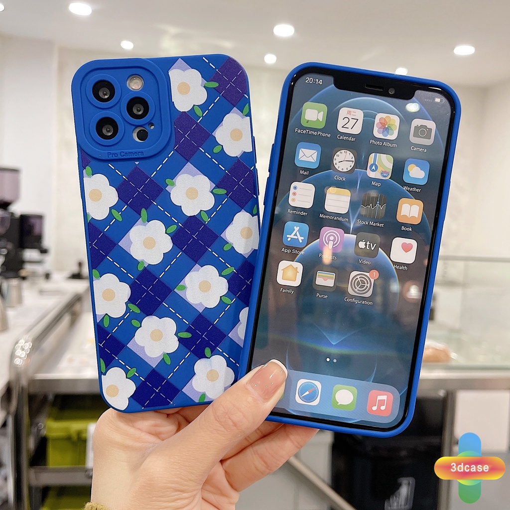 Soft TPU Case Compatible For IPhone 7 Plus 11 6 6S 8 Plus XR 11 12 13 PRO MAX X XS MAX Se 2020 6SPlus 7Plus 6Plus 8Plus XSMAX Klein Blue Plaid White Flower Anti-fall Case