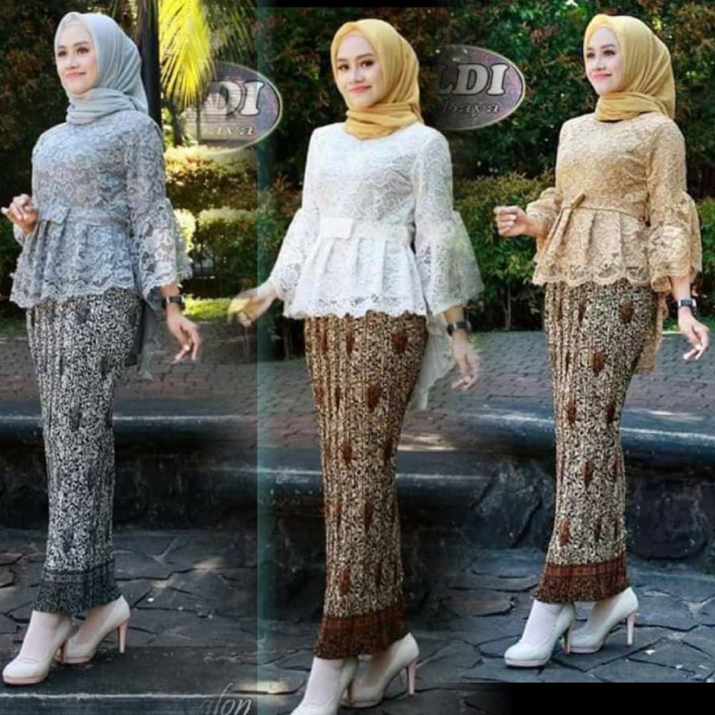 Baju Kondangan New, RealpictSet Aurora Atasan (M L XLL) Bhn Brokat + Rok Plisket/Duyung Bhn Batik