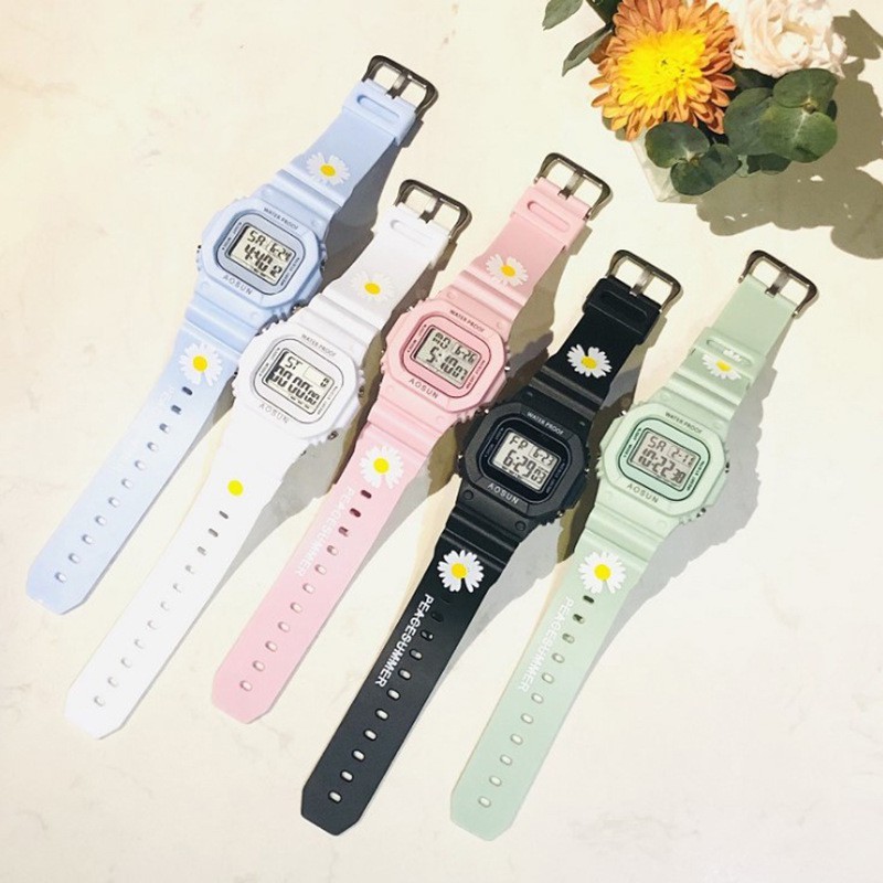 Jam Tangan Wanita Digital Strap Rubber Bunga Daisy Korea Style Fashion Sport Import