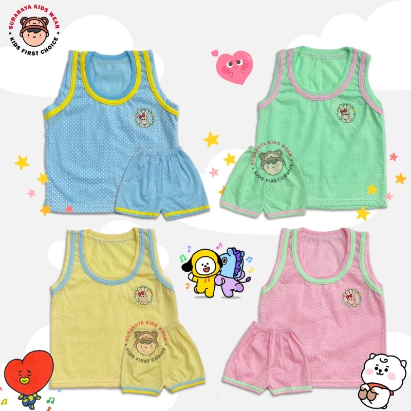 Setelan Kaos Singlet Anak Bintik Warna Bordir Leher