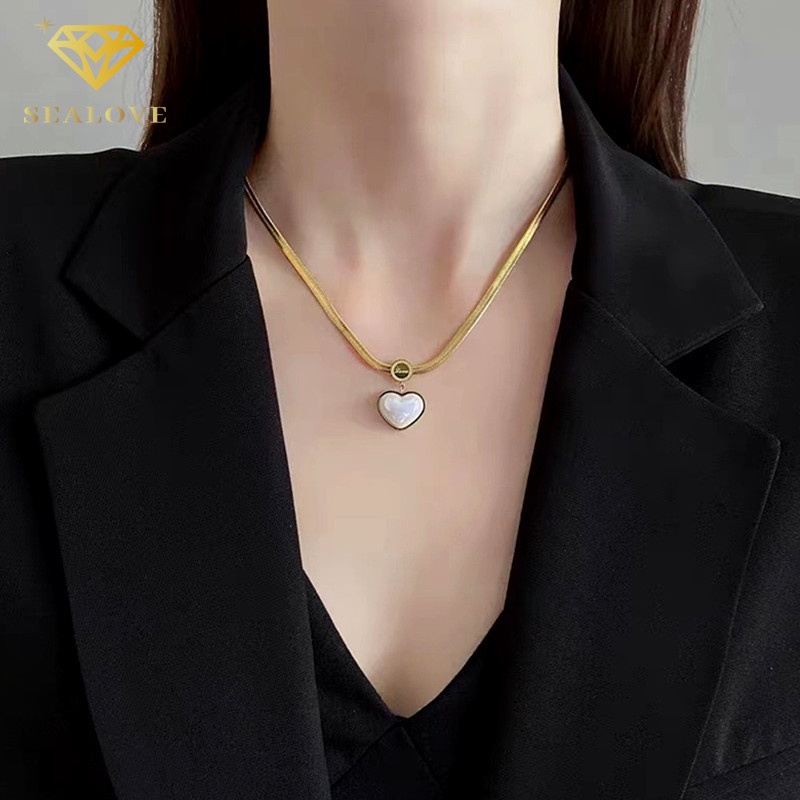 kalung titanium wanita asli Mutiara Hati Liontin Anti Karat Korea Fashion Perhiasan