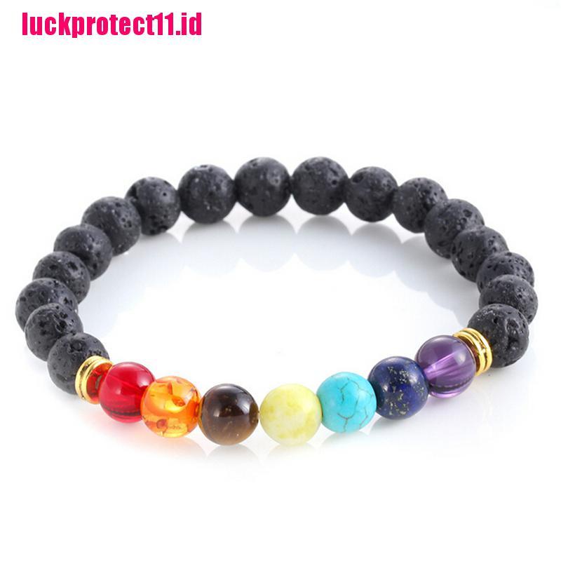 (LUCK) 1pc Gelang Tangan Wanita Manik Batu Lava Rock Chakra Reiki 7 Batu Permata