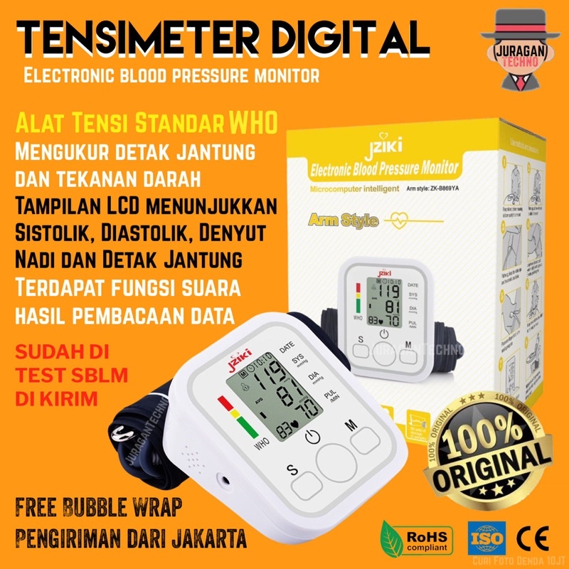 JZIKI Tensimeter Digital Bersuara Lengan Atas Alat Ukur Tekanan Darah Test Detak Jantung