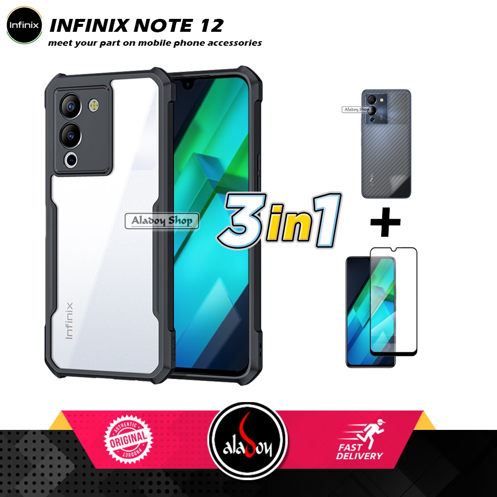 Case Infinix Note 12 2022 Armor Fushion Transparent Casing + Tempered Glass Full Layar dan Skin Carbon