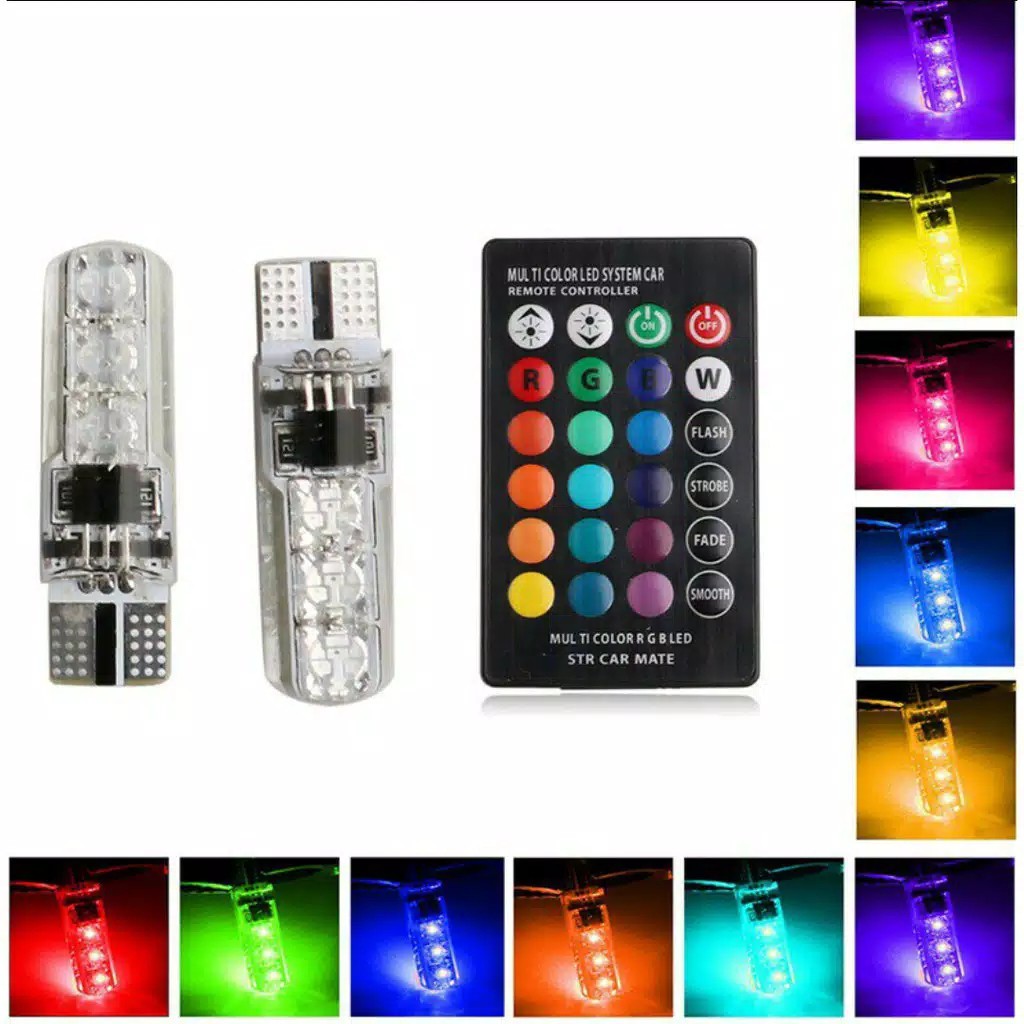 Lampu LED T10 RGB (2pcs) Mobil Motor 6 Mata Jelly SMD + Remote