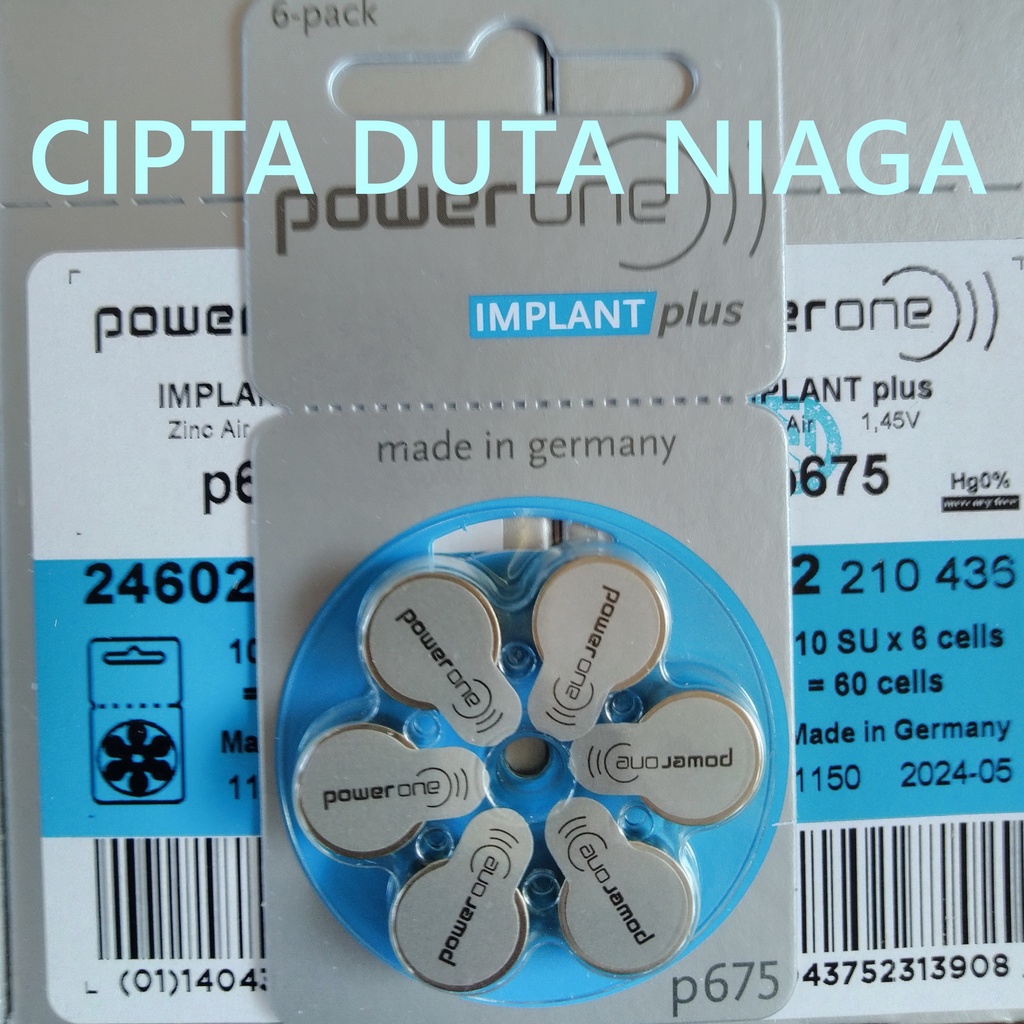 Baterai Implant Powerone p 675 Power One p 675 made in germany for implants and high power Hearing Aid batteries size 675 baterai alat bantu dengar implant batteries as ideal for use in cochlear implants Batre Alat Pendengar powerone baterai ABD