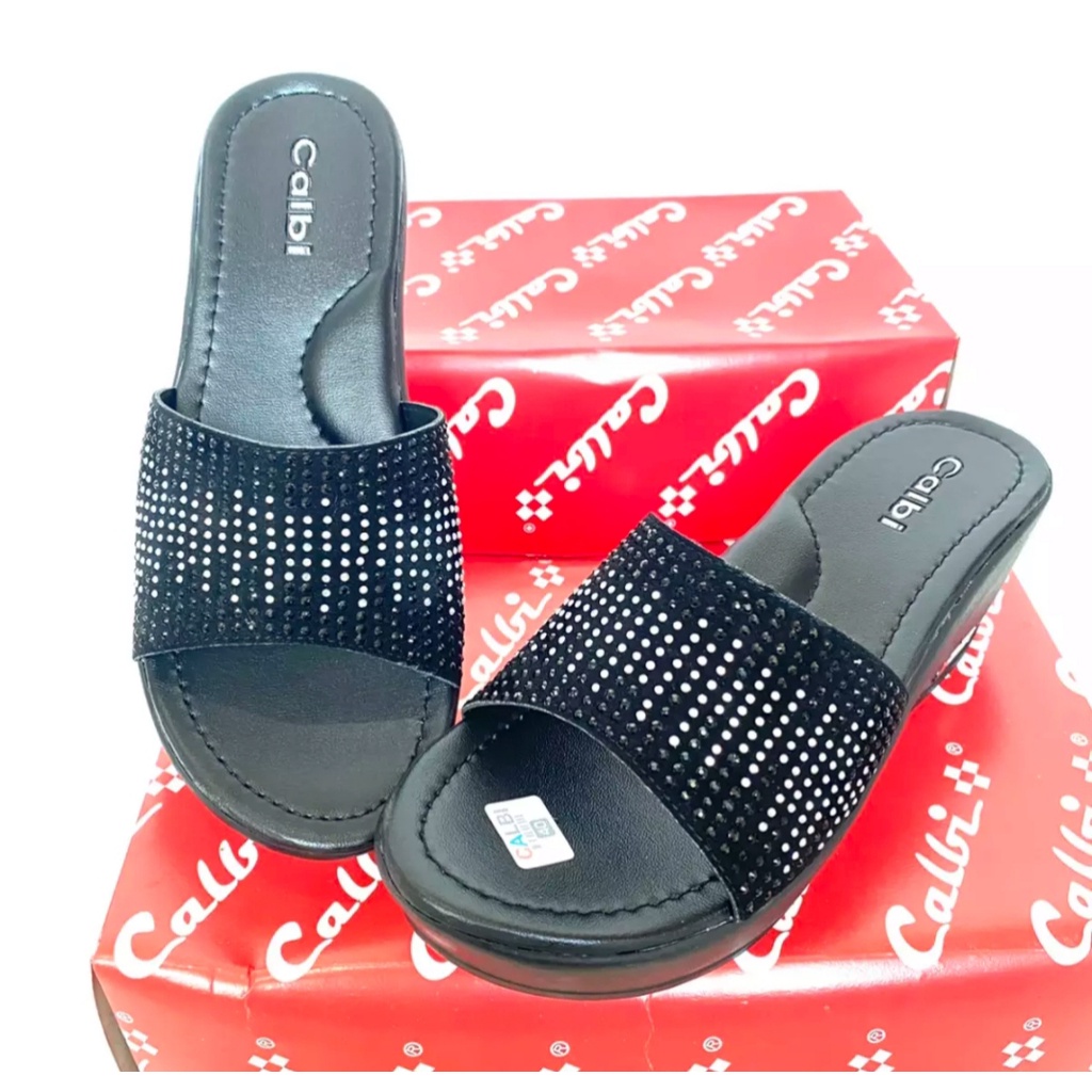 SANDAL WANITA WEDGES CALBI SLOP HITAM