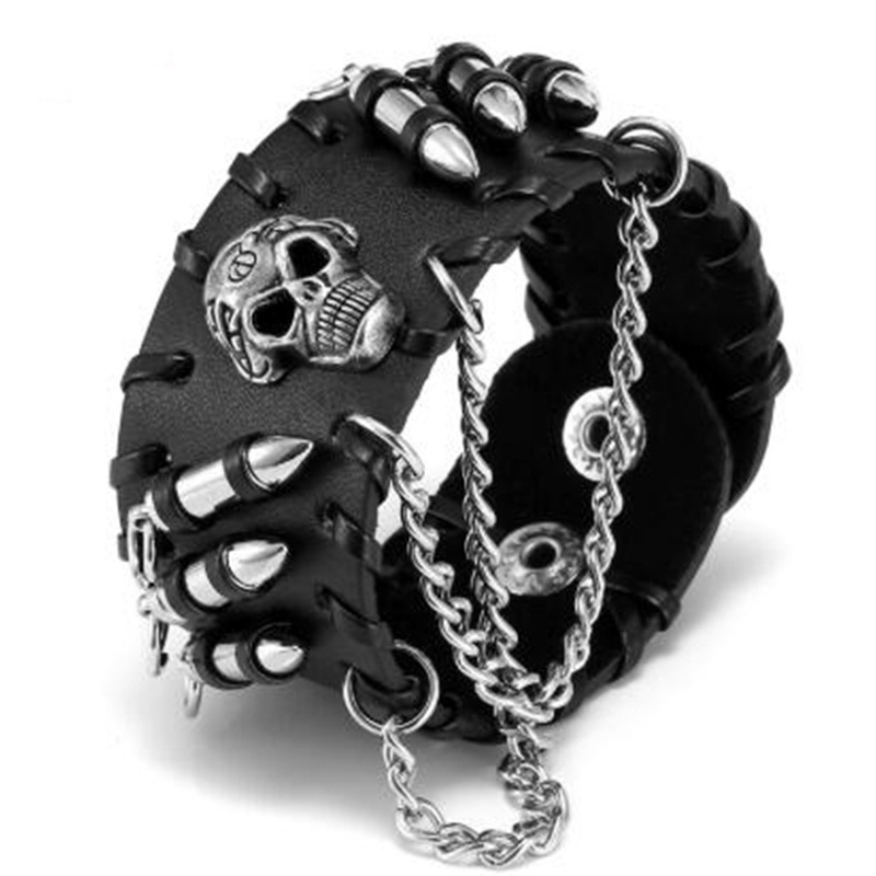 Gelang Rantai Adjustable Desain Tengkorak Bahan Kulit Warna Hitam Gaya Punk Rock Gothic Untuk Pria