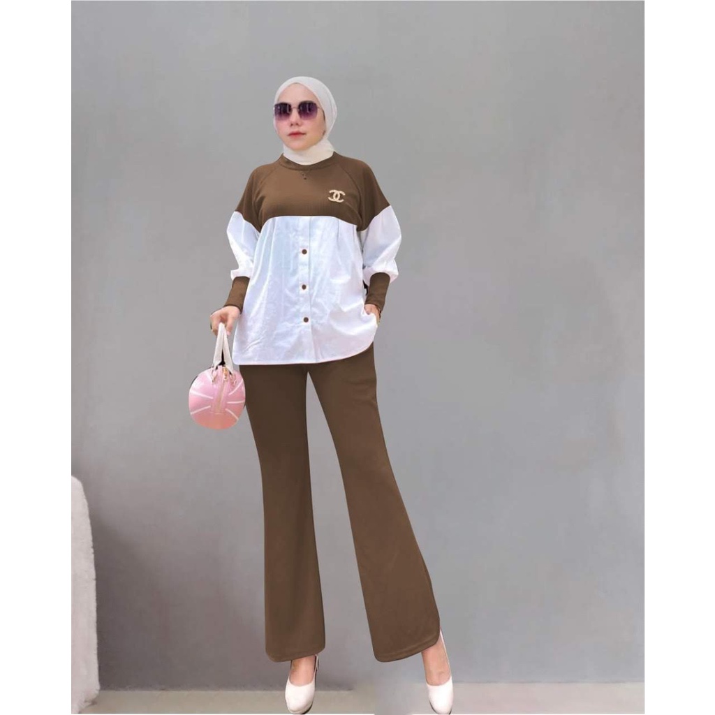 ELDE 12 - SET KNIT ISYANA ( L - XL - XXL ) BAHAN KNIT MANGO IMPORT KOMBI CREPE LD 104CM PJG 66CM BAWAH ADA KANCING VARIASI + CELANA PINGGANG KARET LP MAX 98CM PJG 87CM ADA SAKU KANAN DAN KIRI