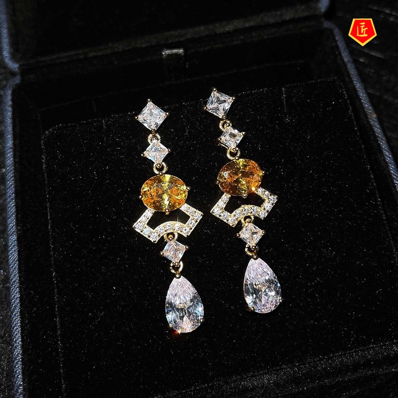 [Ready Stock]S925 Silver Exaggerated Long Yellow Gem Earrings