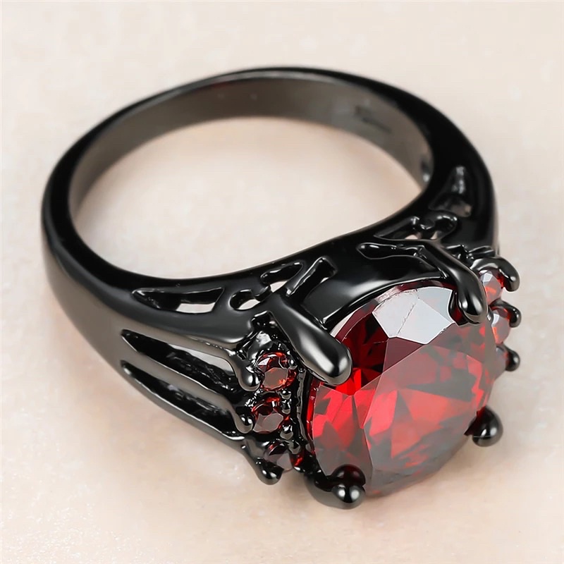 Cincin Batu Ruby Merah Garnet Wanita Pria Ring Gold Filled 14 KT Black Gun Platted